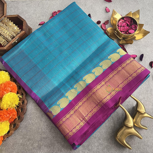 Aqua Blue Muththu Kattam Silk Cotton Saree - Kattam and Checks Handloom -VS3185