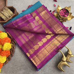 Aqua Blue Muththu Kattam Silk Cotton Saree - Kattam and Checks Handloom -VS3185