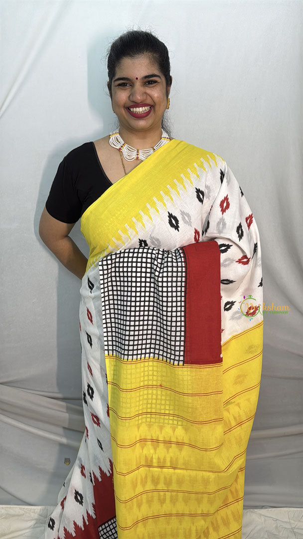 Vriksham White With Half checks Border Cotton Mulmul Saree-VS4621