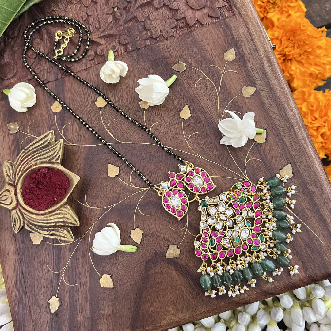 Vriksham Designer Floral Style With Two Maanga Pendant Kundan Jadau Reversible Magalsutra-Aqua Green Bead-J3450
