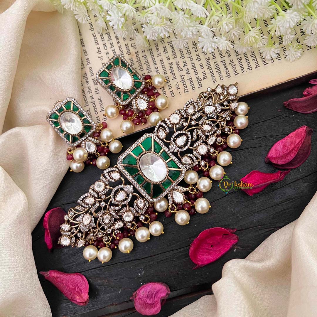 Elegant Jadau Victorian Diamond High Neck Choker-Green-VV1894