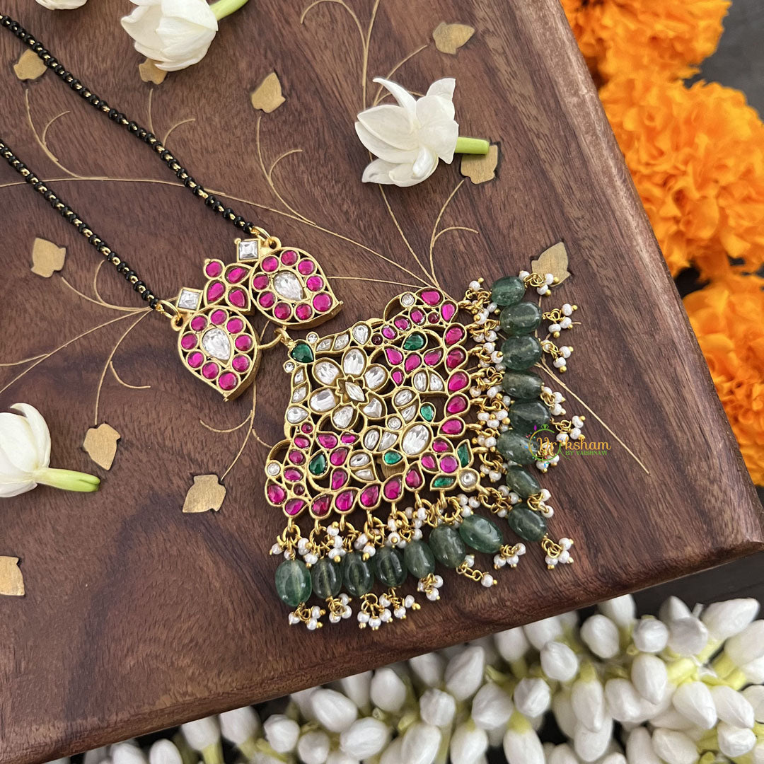 Vriksham Designer Floral Style With Two Maanga Pendant Kundan Jadau Reversible Magalsutra-Aqua Green Bead-J3450