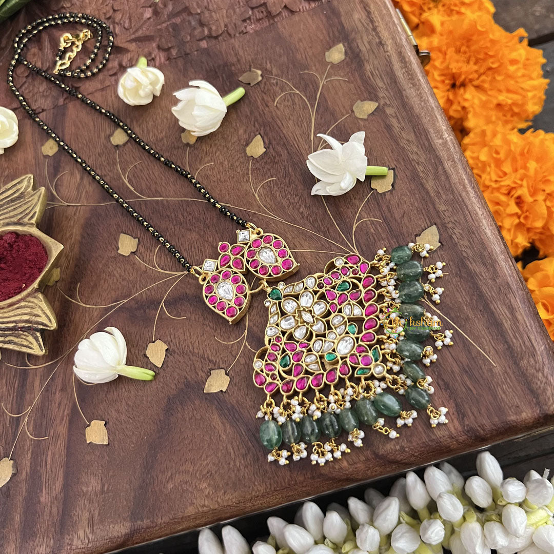 Vriksham Designer Floral Style With Two Maanga Pendant Kundan Jadau Reversible Magalsutra-Aqua Green Bead-J3450