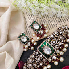 Elegant Jadau Victorian Diamond High Neck Choker-Green-VV1894