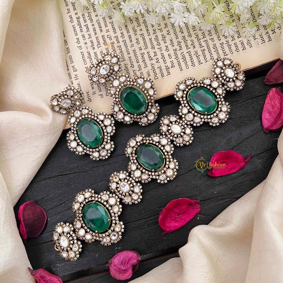 Emerald Green Victorian Diamond High Neck Choker-VV107