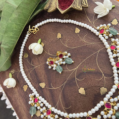 Vriksham Designer 9 Diva Pendant Pearl Beaded Kundan Jadau  Neckpiece-Red-Pearl-Aqua Green Bead-J3453