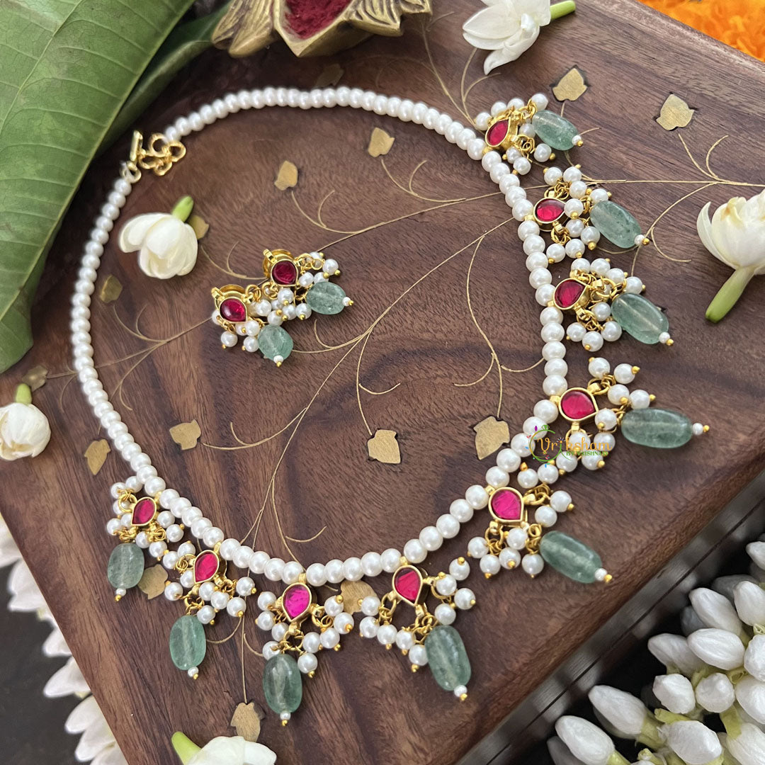 Vriksham Designer 9 Diva Pendant Pearl Beaded Kundan Jadau  Neckpiece-Red-Pearl-Aqua Green Bead-J3453
