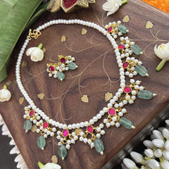 Vriksham Designer 9 Diva Pendant Pearl Beaded Kundan Jadau  Neckpiece-Red-Pearl-Aqua Green Bead-J3453