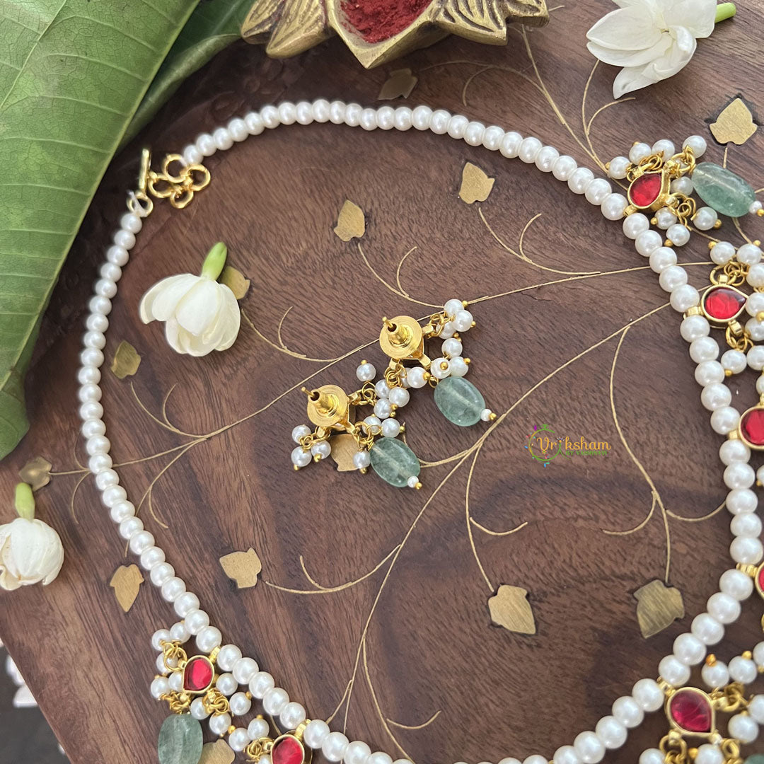 Vriksham Designer 9 Diva Pendant Pearl Beaded Kundan Jadau  Neckpiece-Red-Pearl-Aqua Green Bead-J3453