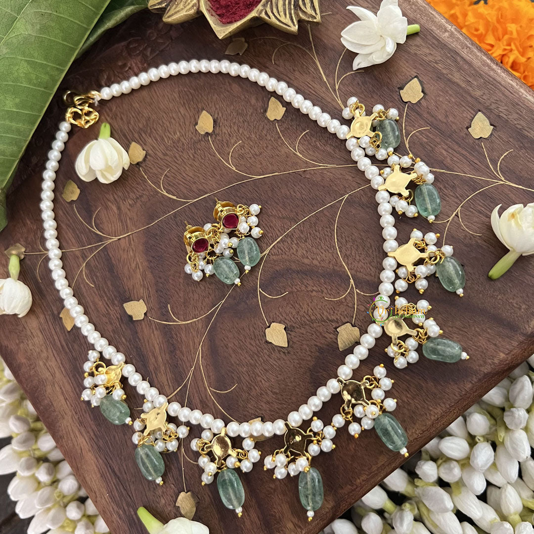 Vriksham Designer 9 Diva Pendant Pearl Beaded Kundan Jadau  Neckpiece-Red-Pearl-Aqua Green Bead-J3453