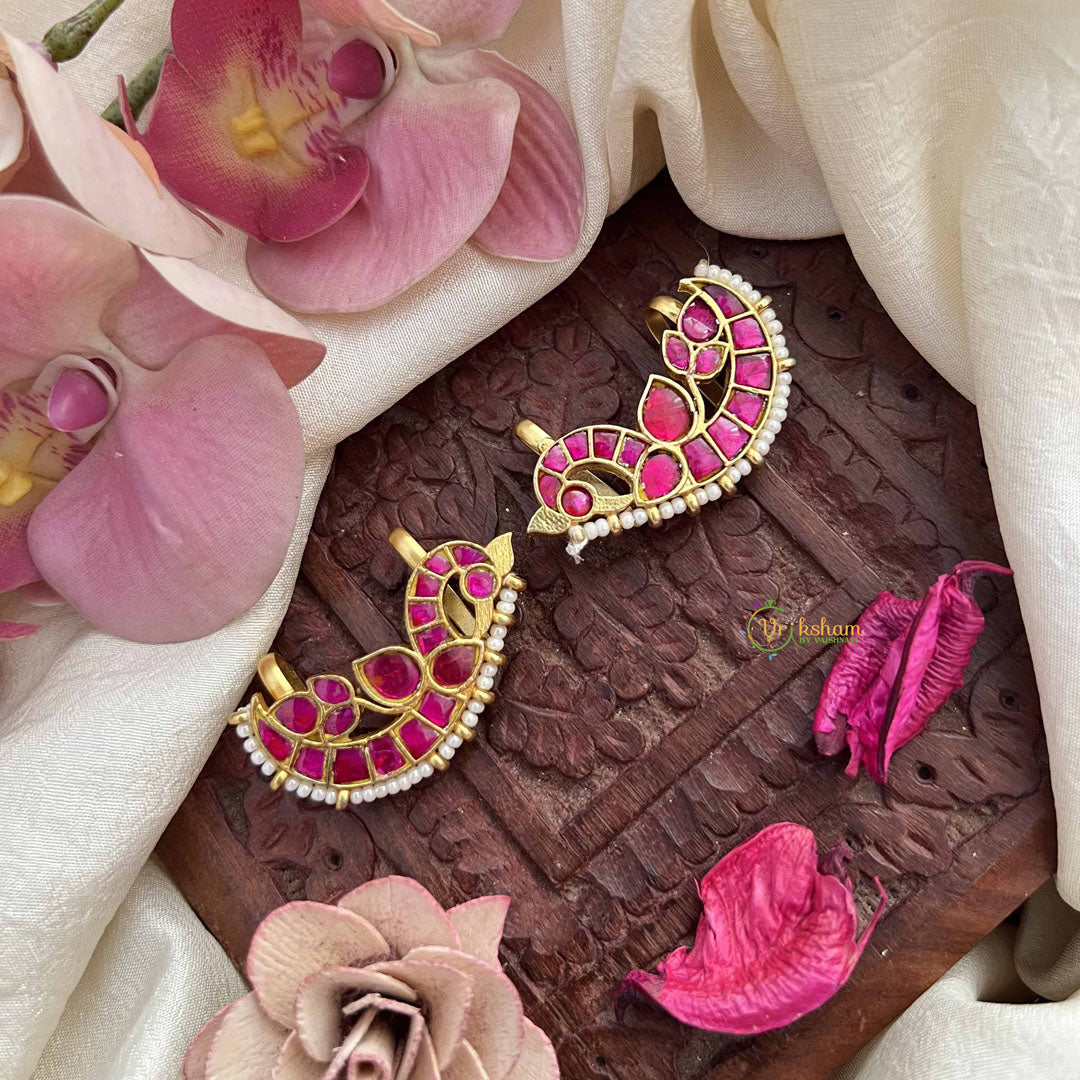 Vriksham Luxury Oriented Peacock Red With Pearls Detailing Kundan Jadau Press Bugadi-J3808