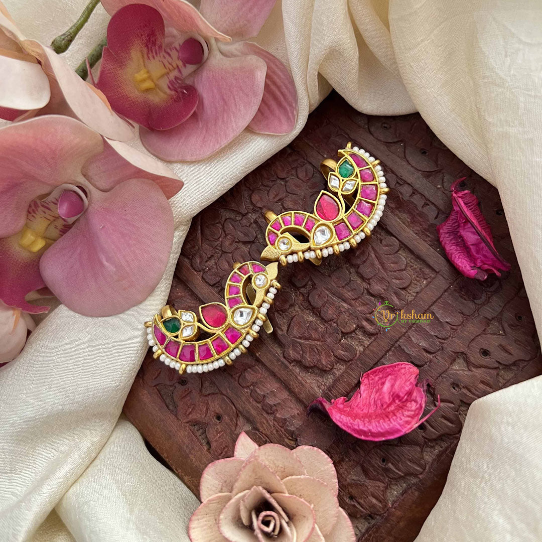 Vriksham Luxury Oriented Peacock Green Red With Pearls Detailing Kundan Jadau Press Bugadi-J3807