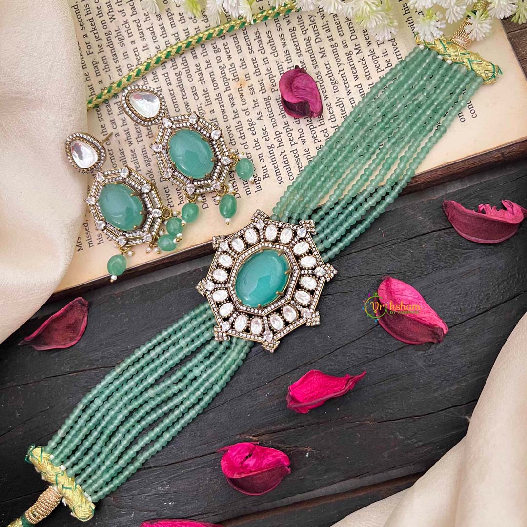 Elegant Victorian Diamond Layered High Neck Choker-Aqua Green-VV1731