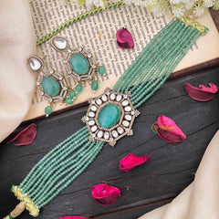 Elegant Victorian Diamond Layered High Neck Choker-Aqua Green-VV1731