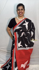 Vriksham Black With Parrot Printed Cotton Mulmul Saree-VS4612