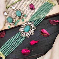 Elegant Victorian Diamond Layered High Neck Choker-Aqua Green-VV1731