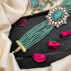 Elegant Victorian Diamond Layered High Neck Choker-Aqua Green-VV1731