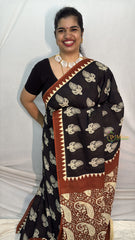 Vriksham Black With Printed & Brown Border Cotton Mulmul Saree-VS4617