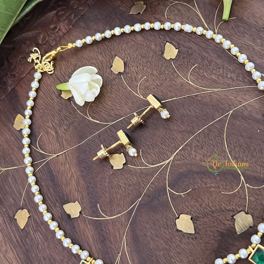 Vriksham Designer Pearl Choker Style Square Pendant Kundan Jadau Neckpiece-Green-J3395
