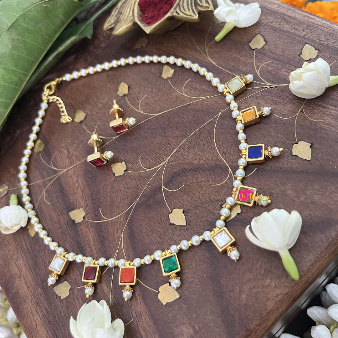 Vriksham Designer Pearl Choker Style Square Pendant Kundan Jadau Neckpiece-Multi Color-J3398