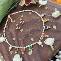 Vriksham Designer Pearl Choker Style Square Pendant Kundan Jadau Neckpiece-Multi Color-J3398