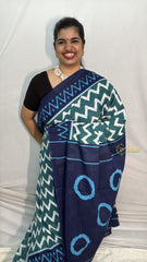 Vriksham Aqua Green With Zig Zag Printed Cotton Mulmul Saree-VS4610