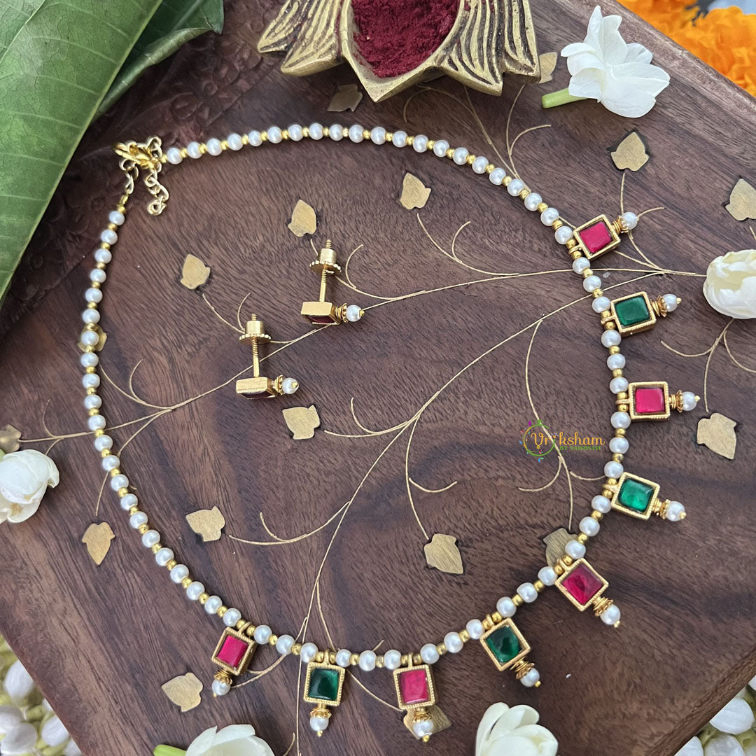 Vriksham Designer Pearl Choker Style Square Pendant Kundan Jadau Neckpiece-Red Green-J3399