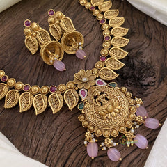 Gold Look Alike Lakshmi Pendant Short Neckpiece-Light Pink bead-G11313