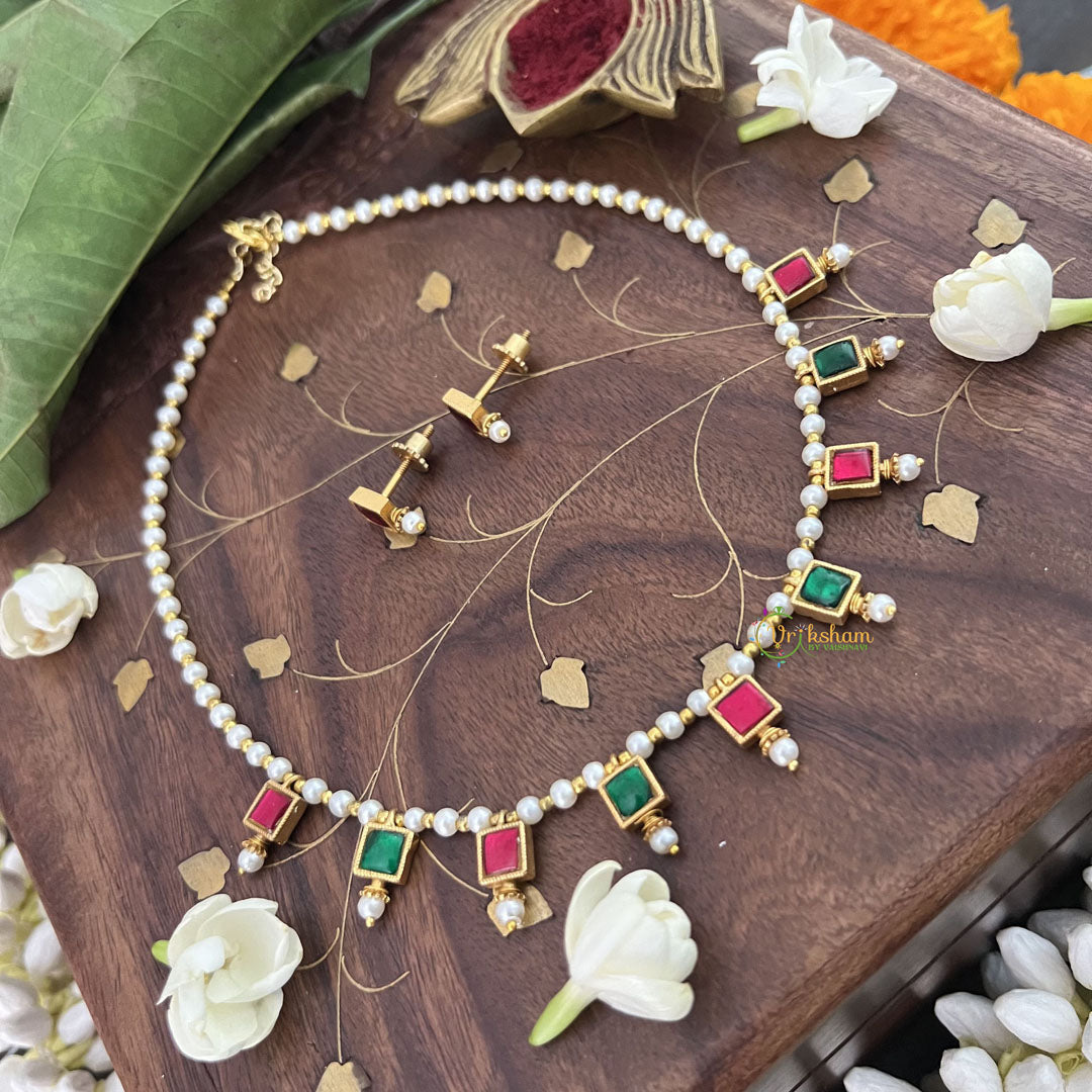 Vriksham Designer Pearl Choker Style Square Pendant Kundan Jadau Neckpiece-Red Green-J3399