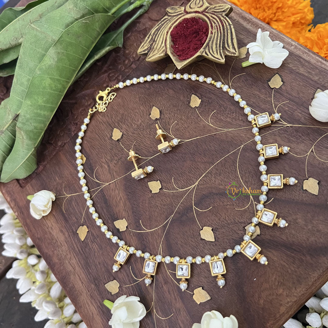 Vriksham Designer Pearl Choker Style Square Pendant Kundan Jadau Neckpiece-White-J3400