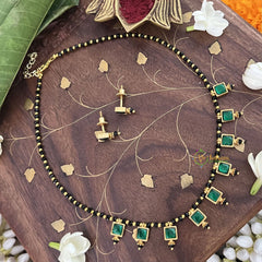 Vriksham Green Square Style Kundan Jadau Black Beaded Short Magalsutra-J3442