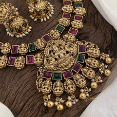 Red Green Two Layered Gold Look Alike Lakshmi Pendant Short Neckpiece-Gold bead-G11322