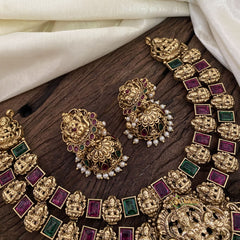 Red Green Two Layered Gold Look Alike Lakshmi Pendant Short Neckpiece-Gold bead-G11322