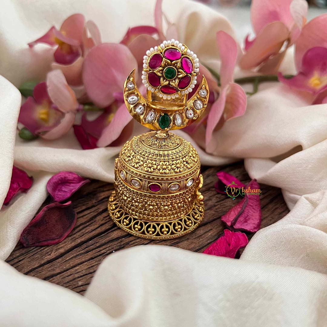 Vriksham Antique Crescent Floral Ruby & Emerald Stones Kumkum Box-G21210