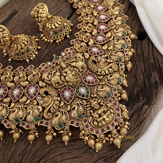 Premium Antique Temple Lakshmi Choker Short Neckpiece-Red Green-Gold Bead-G11305