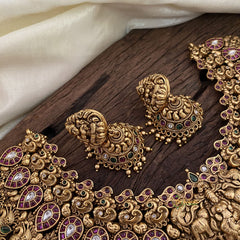 Premium Antique Temple Lakshmi Choker Short Neckpiece-Red Green-Gold Bead-G11305