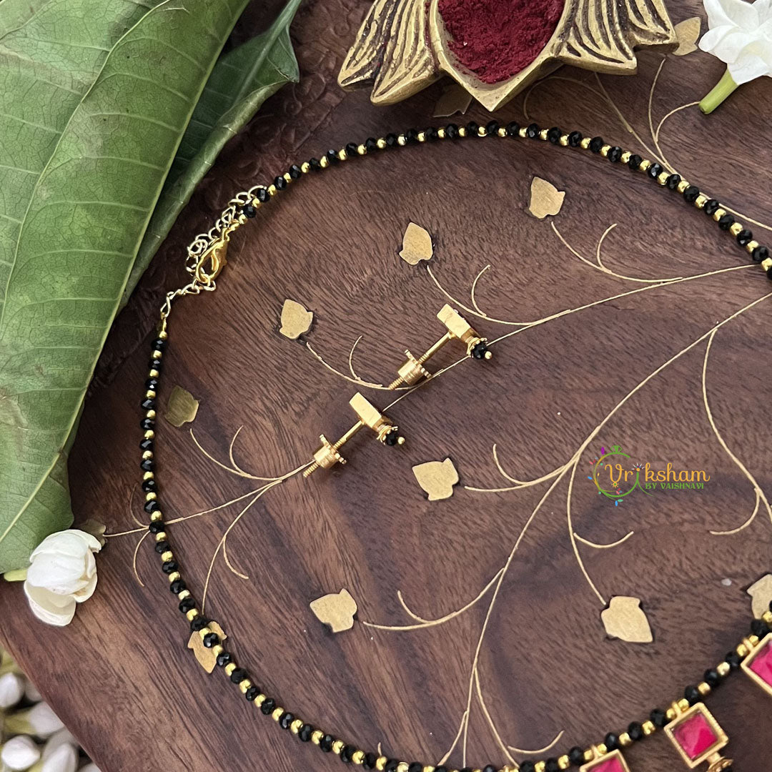 Vriksham Red Square Style Kundan Jadau Black Beaded Short Magalsutra-J3441