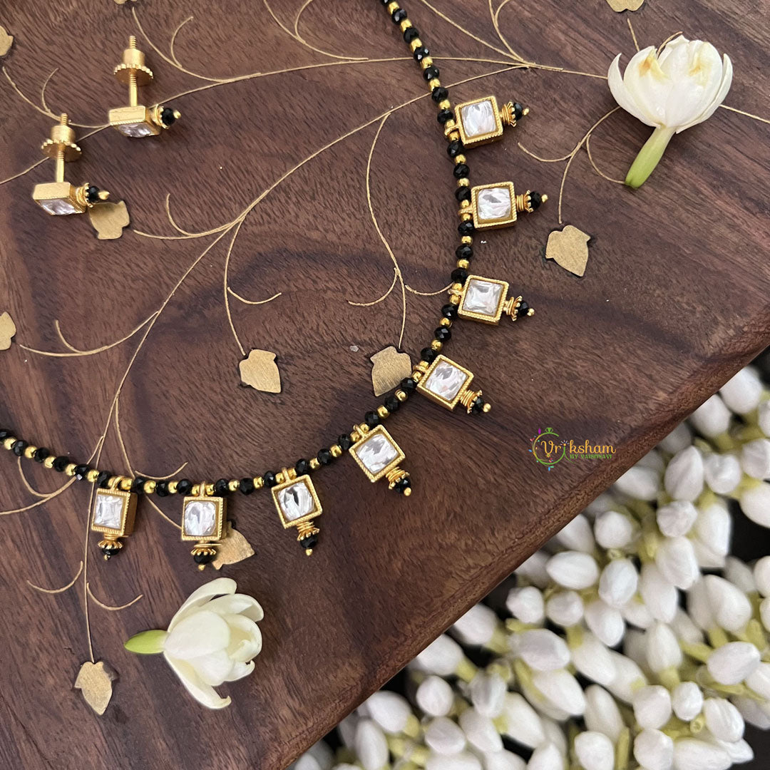 Vriksham White Square Style Kundan Jadau Black Beaded Short Magalsutra-Black Bead-J3440