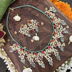 Vriksham Unique 11 Diva Pendant Green Beaded Kundan Jadau Neckpiece-Red-Pastel Green Bead-J3455