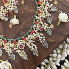 Vriksham Unique 11 Diva Pendant Green Beaded Kundan Jadau Neckpiece-Red-Pastel Green Bead-J3455