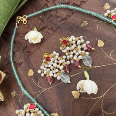Vriksham Unique 11 Diva Pendant Green Beaded Kundan Jadau Neckpiece-Red-Pastel Green Bead-J3455