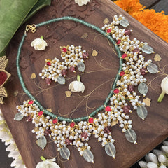 Vriksham Unique 11 Diva Pendant Green Beaded Kundan Jadau Neckpiece-Red-Pastel Green Bead-J3455