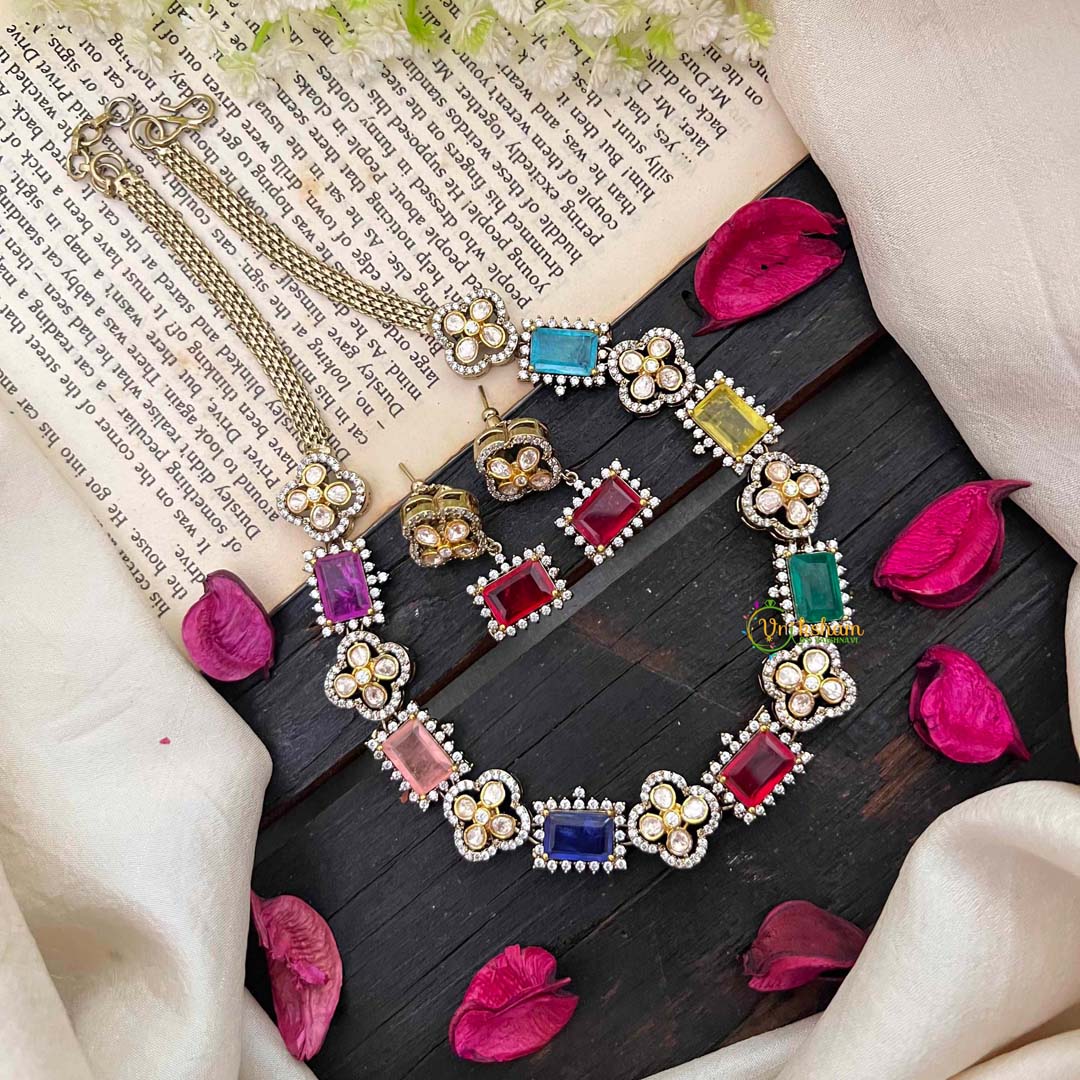 Elegant Navrathna Victorian Diamond Neckpiece-VV1778
