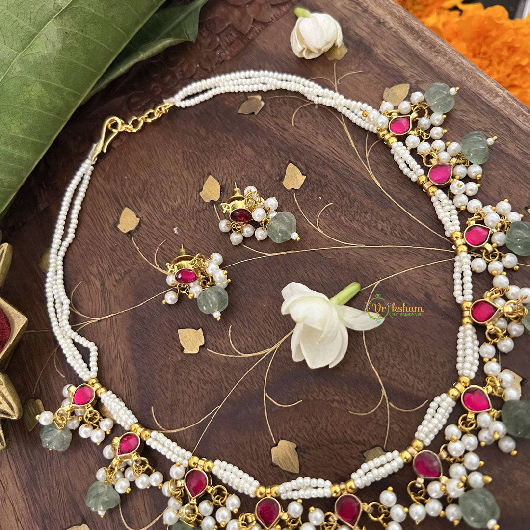 Vriksham White Unique Choker Style Kundan Jadau Neckpiece-Aqua Green Bead-Red-J3443