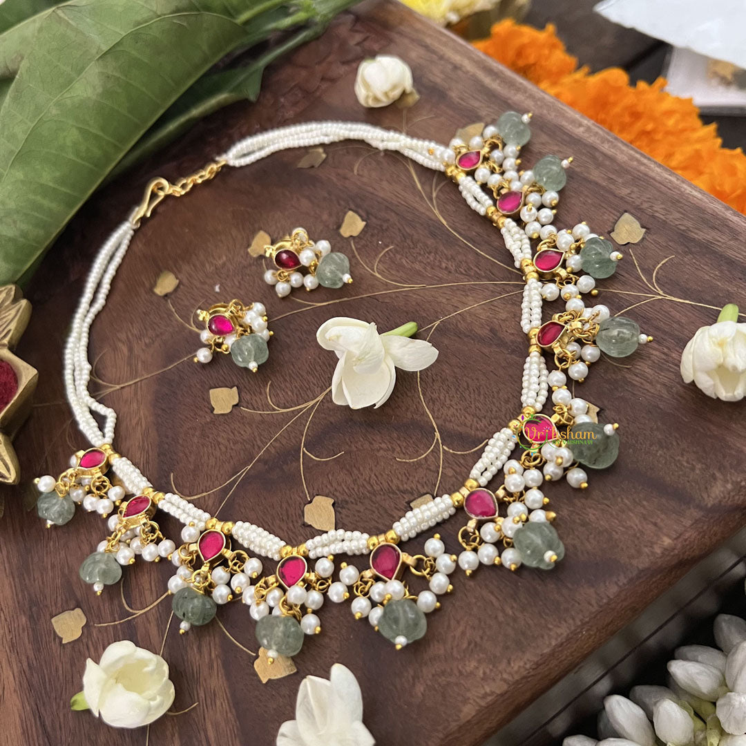 Vriksham White Unique Choker Style Kundan Jadau Neckpiece-Aqua Green Bead-Red-J3443