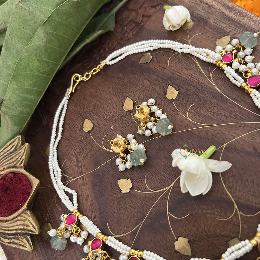 Vriksham White Unique Choker Style Kundan Jadau Neckpiece-Aqua Green Bead-Red-J3443