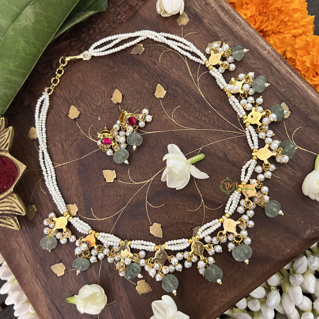 Vriksham White Unique Choker Style Kundan Jadau Neckpiece-Aqua Green Bead-Red-J3443