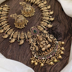 Gold Look Alike Lakshmi Pendant Short Neckpiece-Gold bead-G11317