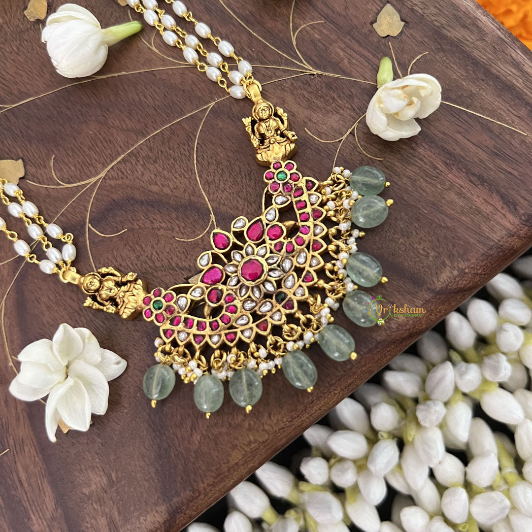 Vriksham Dual Lakshmi With Pendant Kundan Jadau Rice Pearl Beaded Mala-Red White-Aqua Green Beads-J3432