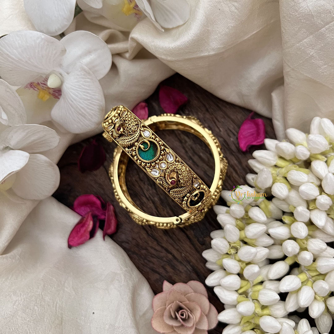 Vriksham Peacock Motif Antique Gold Bangles with Kundan Work-Screw Type Bangles-G19908